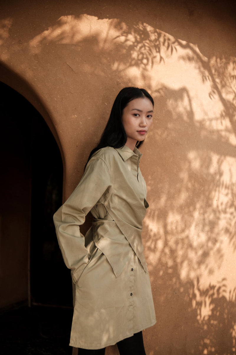 Seattle Wrap Shirt Dress-Khaki cotton by The Terra Tribe for women in Singapore