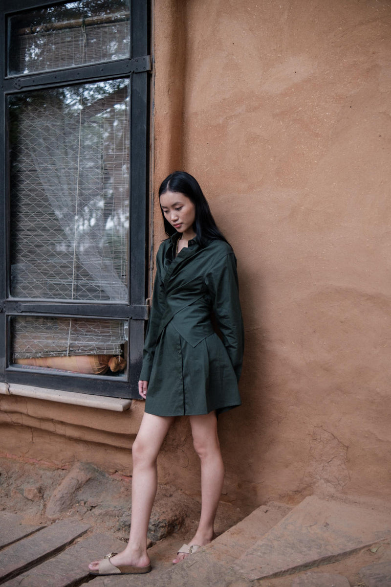 Seattle Wrap Shirt Dress-Deep Green cotton by The Terra Tribe in green color for women in Singapore