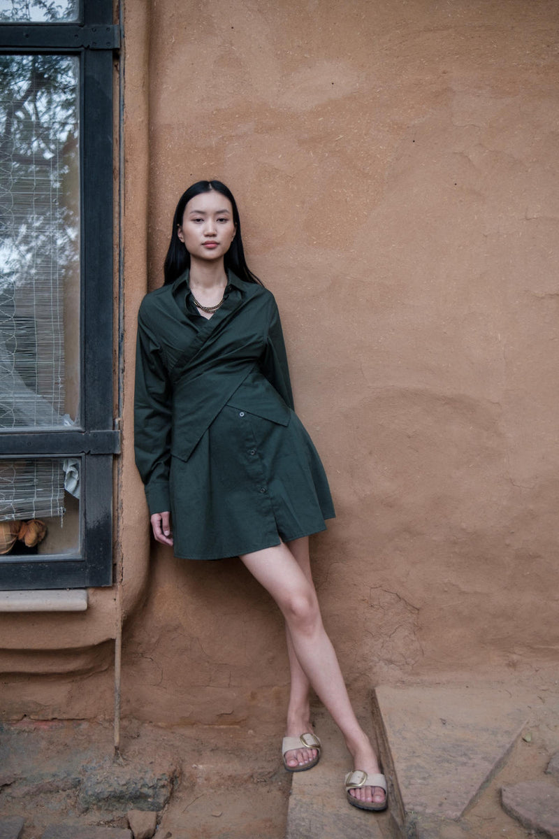 Seattle Wrap Shirt Dress-Deep Green cotton by The Terra Tribe in green color for women in Singapore