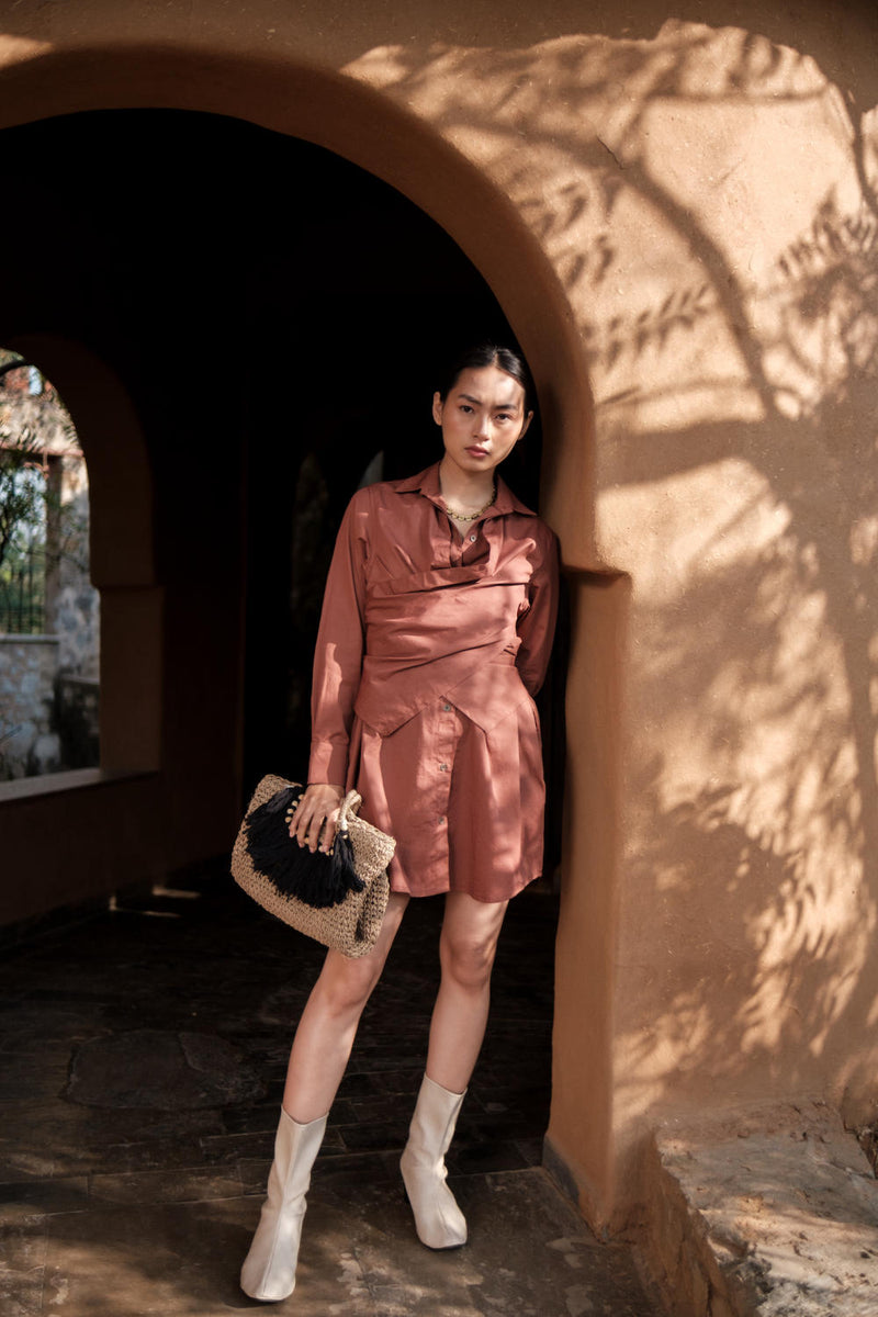 Seattle Wrap Shirt Dress-Copper cotton by The Terra Tribe for women in Singapore