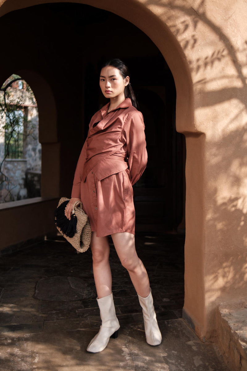 Seattle Wrap Shirt Dress-Copper cotton by The Terra Tribe for women in Singapore