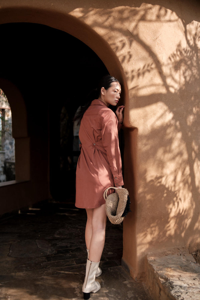 Seattle Wrap Shirt Dress-Copper cotton by The Terra Tribe for women in Singapore