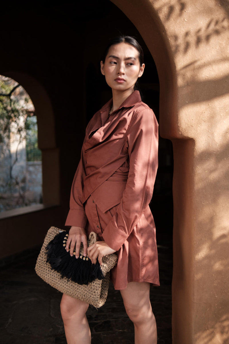 Seattle Wrap Shirt Dress-Copper cotton by The Terra Tribe for women in Singapore
