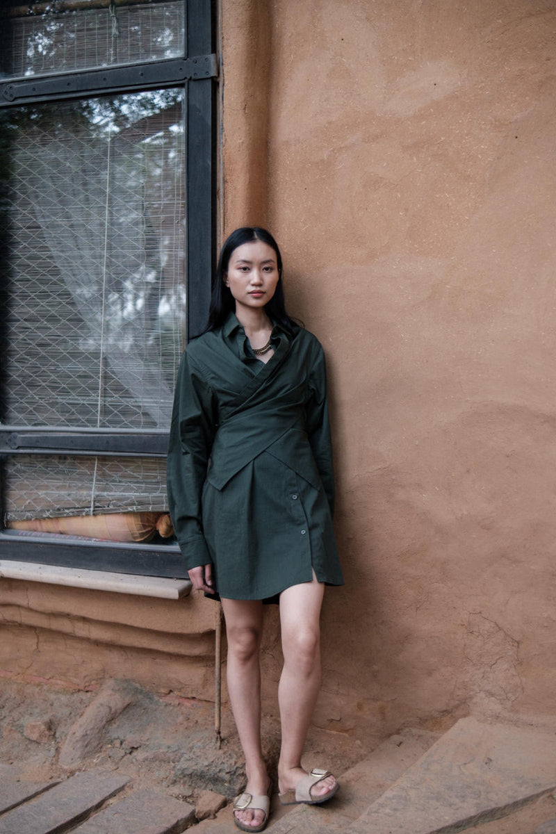 Seattle Wrap Shirt Dress-Deep Green cotton by The Terra Tribe in green color for women in Singapore