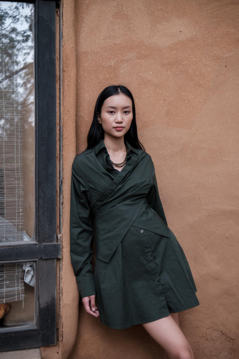 Seattle Wrap Shirt Dress-Deep Green cotton by The Terra Tribe in green color for women in Singapore