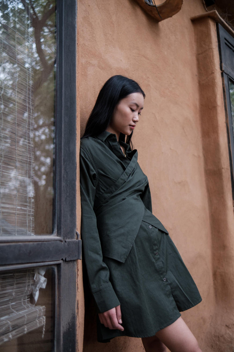 Seattle Wrap Shirt Dress-Deep Green cotton by The Terra Tribe in green color for women in Singapore