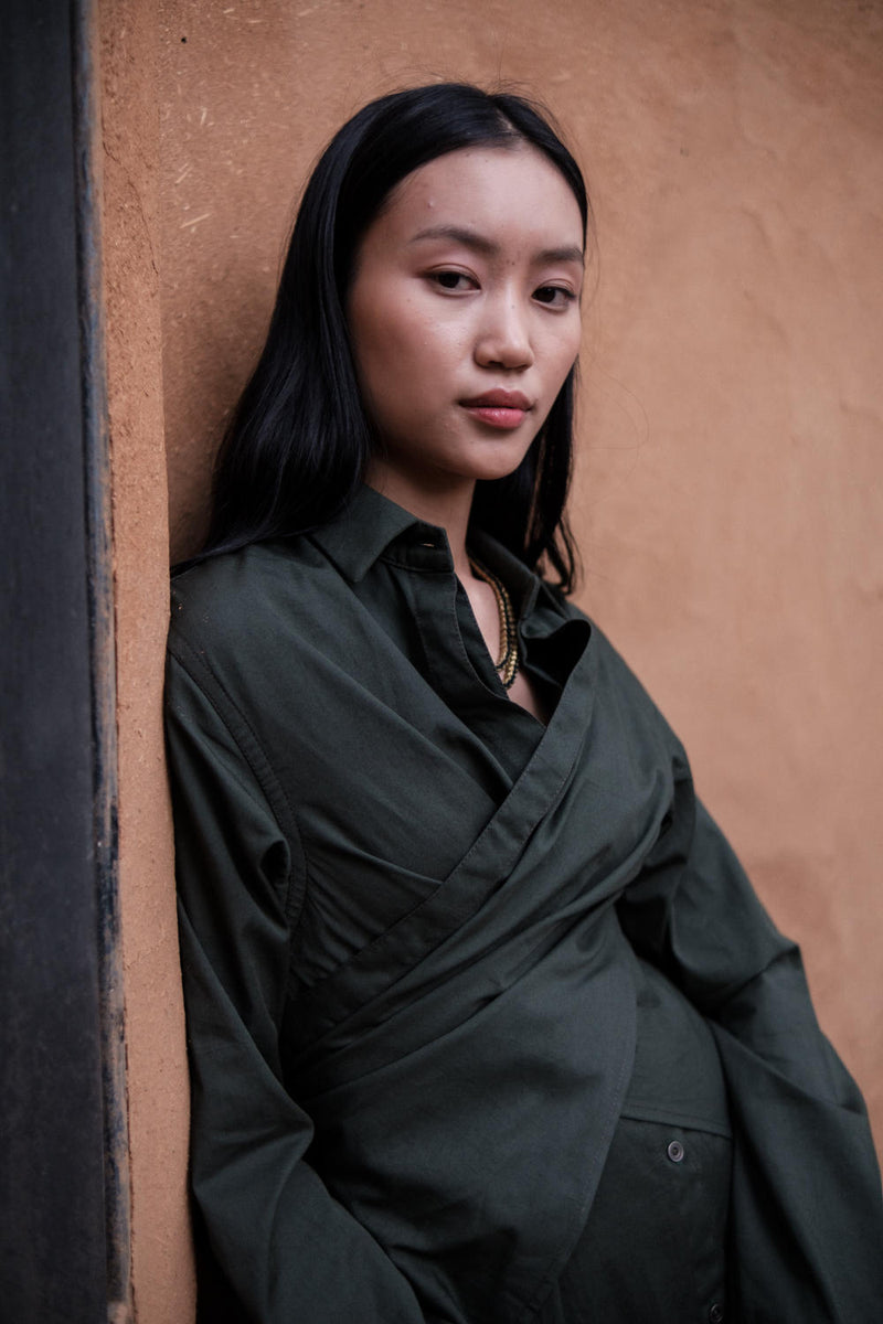 Seattle Wrap Shirt Dress-Deep Green cotton by The Terra Tribe in green color for women in Singapore