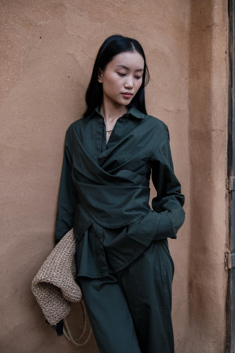 Seattle Wrap Shirt-Deep Green cotton by The Terra Tribe in green color for women in Singapore