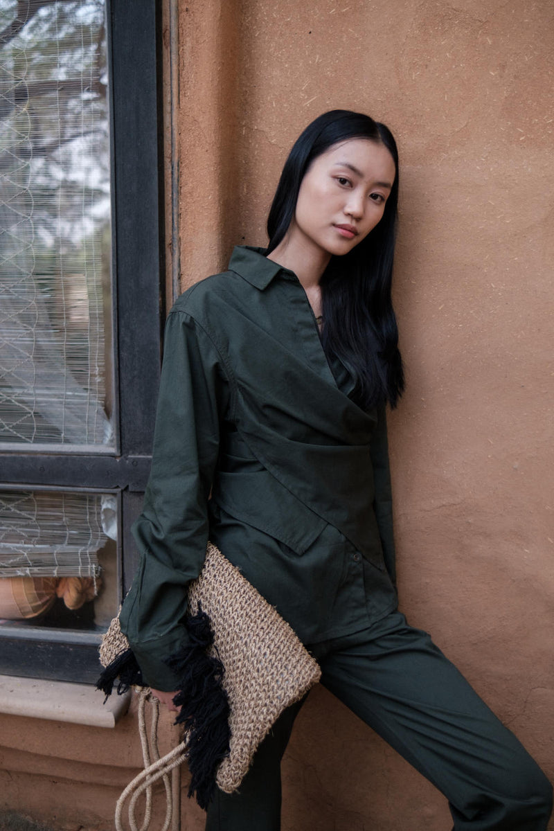 Seattle Wrap Shirt-Deep Green cotton by The Terra Tribe in green color for women in Singapore