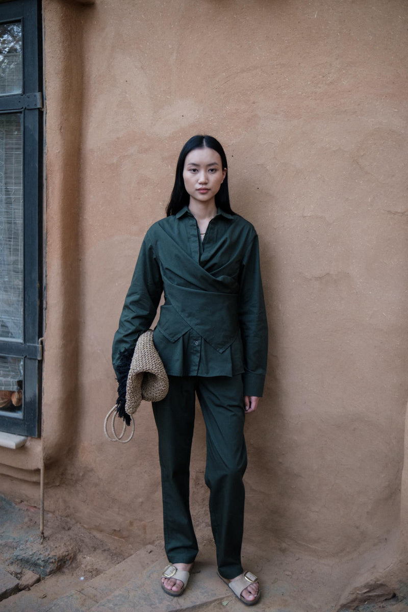 Seattle Wrap Shirt-Deep Green cotton by The Terra Tribe in green color for women in Singapore