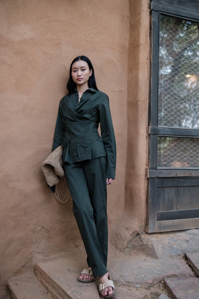 Seattle Wrap Shirt-Deep Green cotton by The Terra Tribe in green color for women in Singapore
