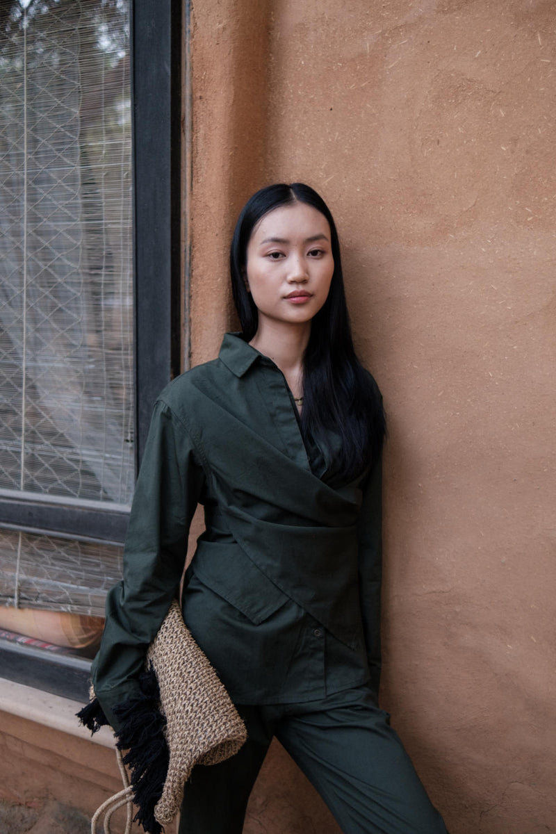 Seattle Wrap Shirt-Deep Green cotton by The Terra Tribe in green color for women in Singapore