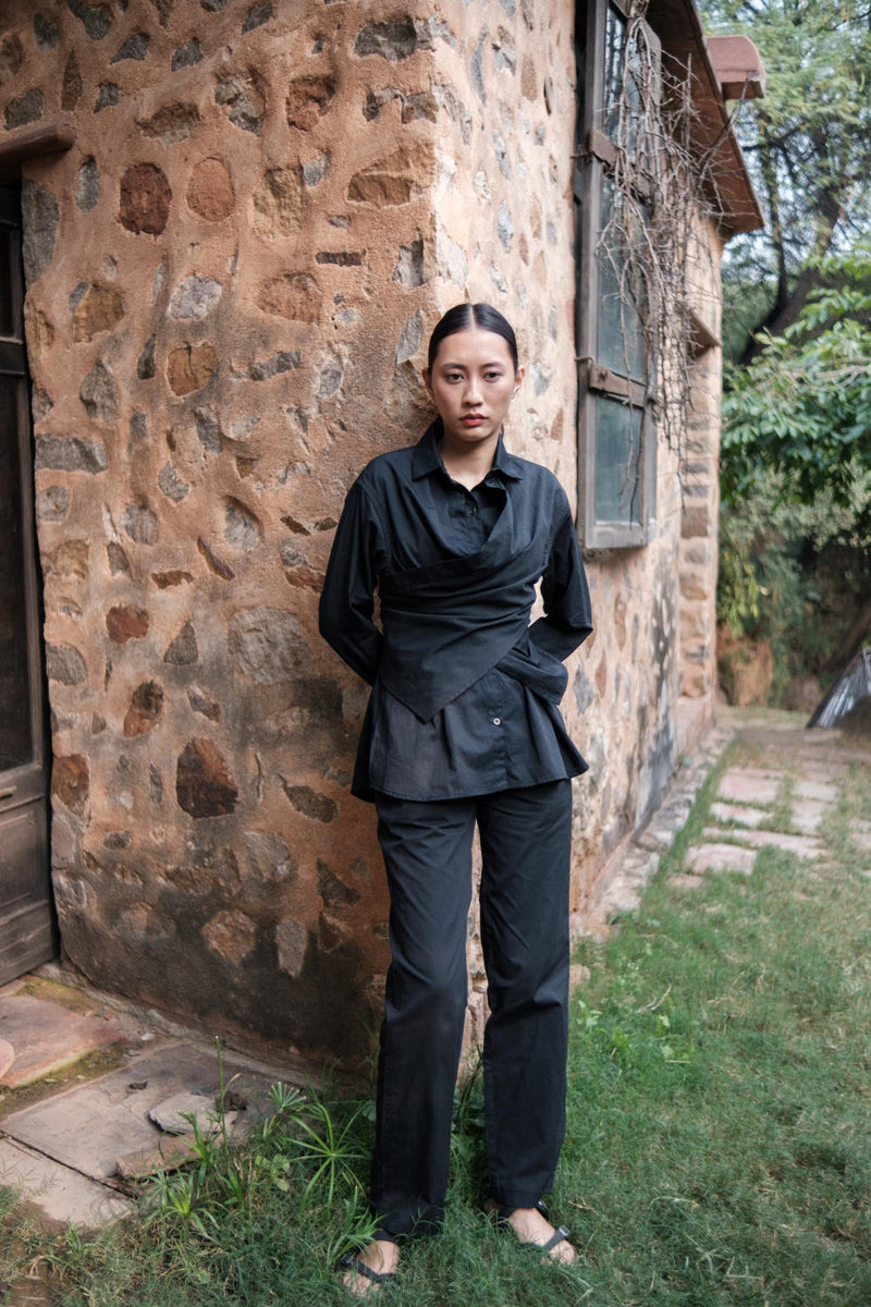 Seattle Wrap Shirt-Black cotton by The Terra Tribe in black color for women in Singapore