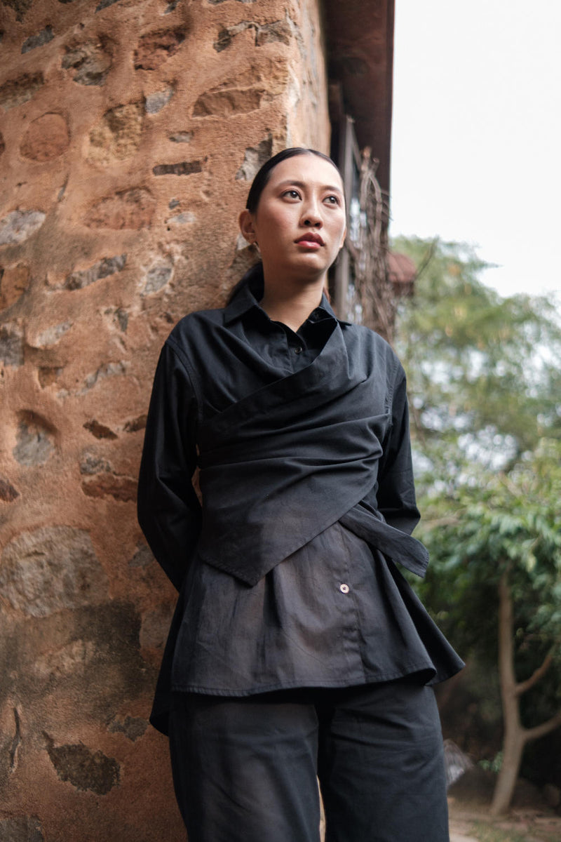 Seattle Wrap Shirt-Black cotton by The Terra Tribe in black color for women in Singapore