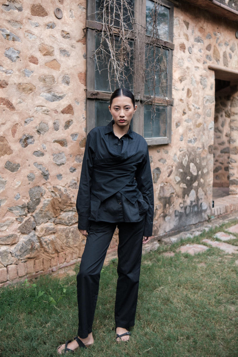Seattle Wrap Shirt-Black cotton by The Terra Tribe in black color for women in Singapore
