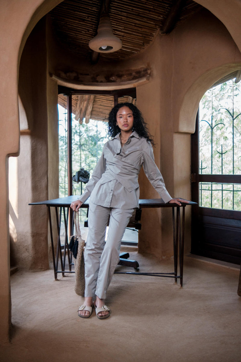Seattle Wrap Shirt-Grey cotton by The Terra Tribe in grey color for women in Singapore