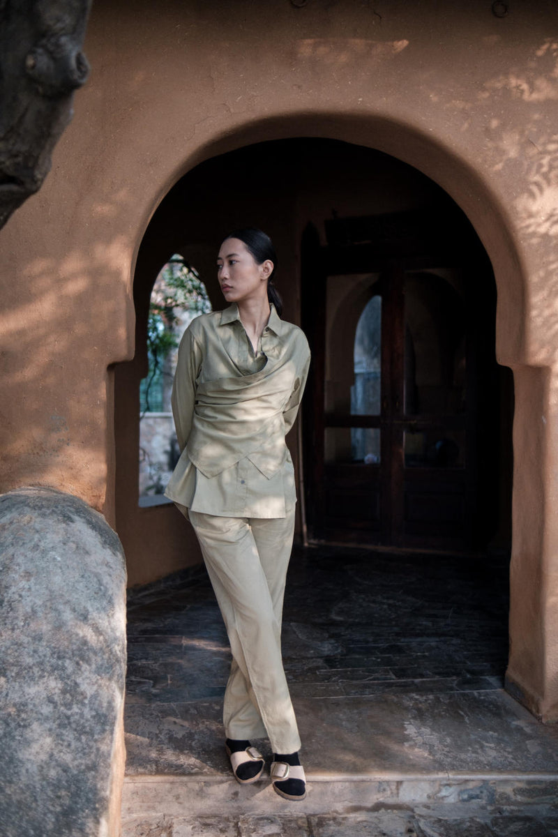 Seattle Wrap Shirt-Khaki cotton by The Terra Tribe for women in Singapore