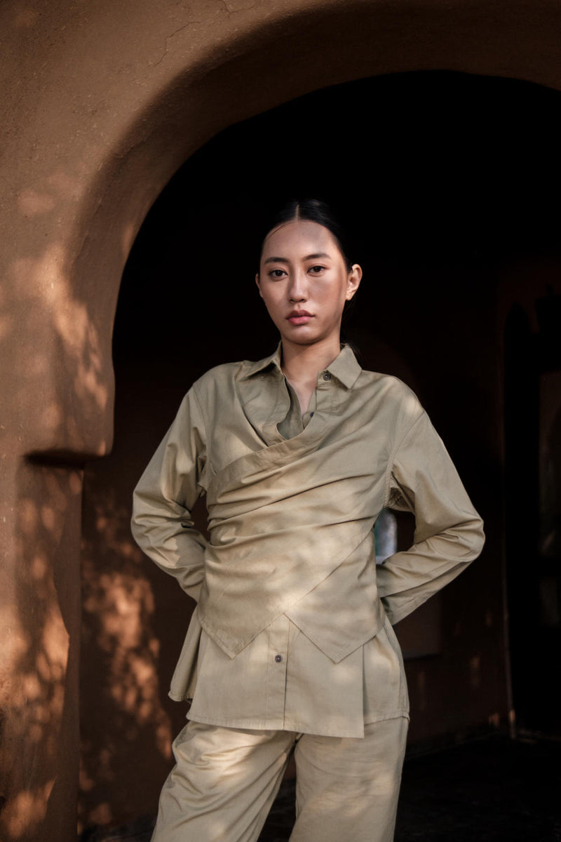 Seattle Wrap Shirt-Khaki cotton by The Terra Tribe for women in Singapore