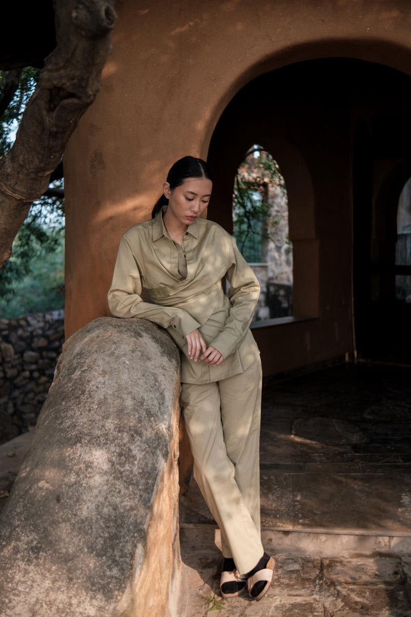 Seattle Wrap Shirt-Khaki cotton by The Terra Tribe for women in Singapore