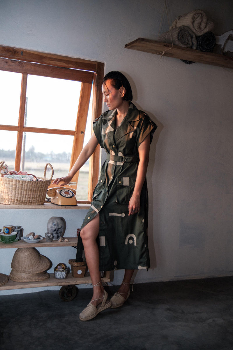 Harajuku Trench-Deep Green Triangle Printed cotton by The Terra Tribe in green color for women in Singapore
