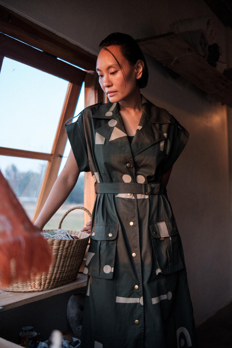 Harajuku Trench-Deep Green Triangle Printed cotton by The Terra Tribe in green color for women in Singapore