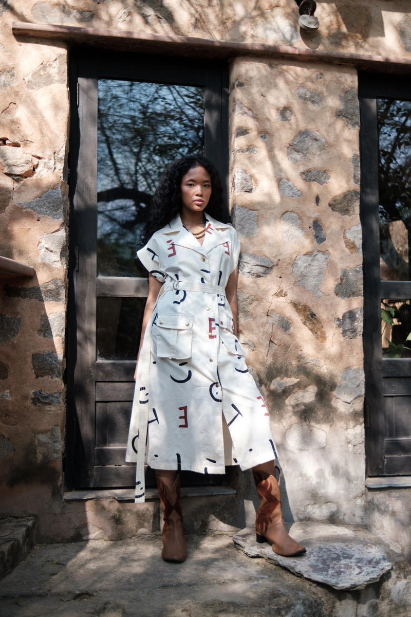 Harajuku Trench-Ecru Line Printed cotton by The Terra Tribe in ecru color for women in Singapore