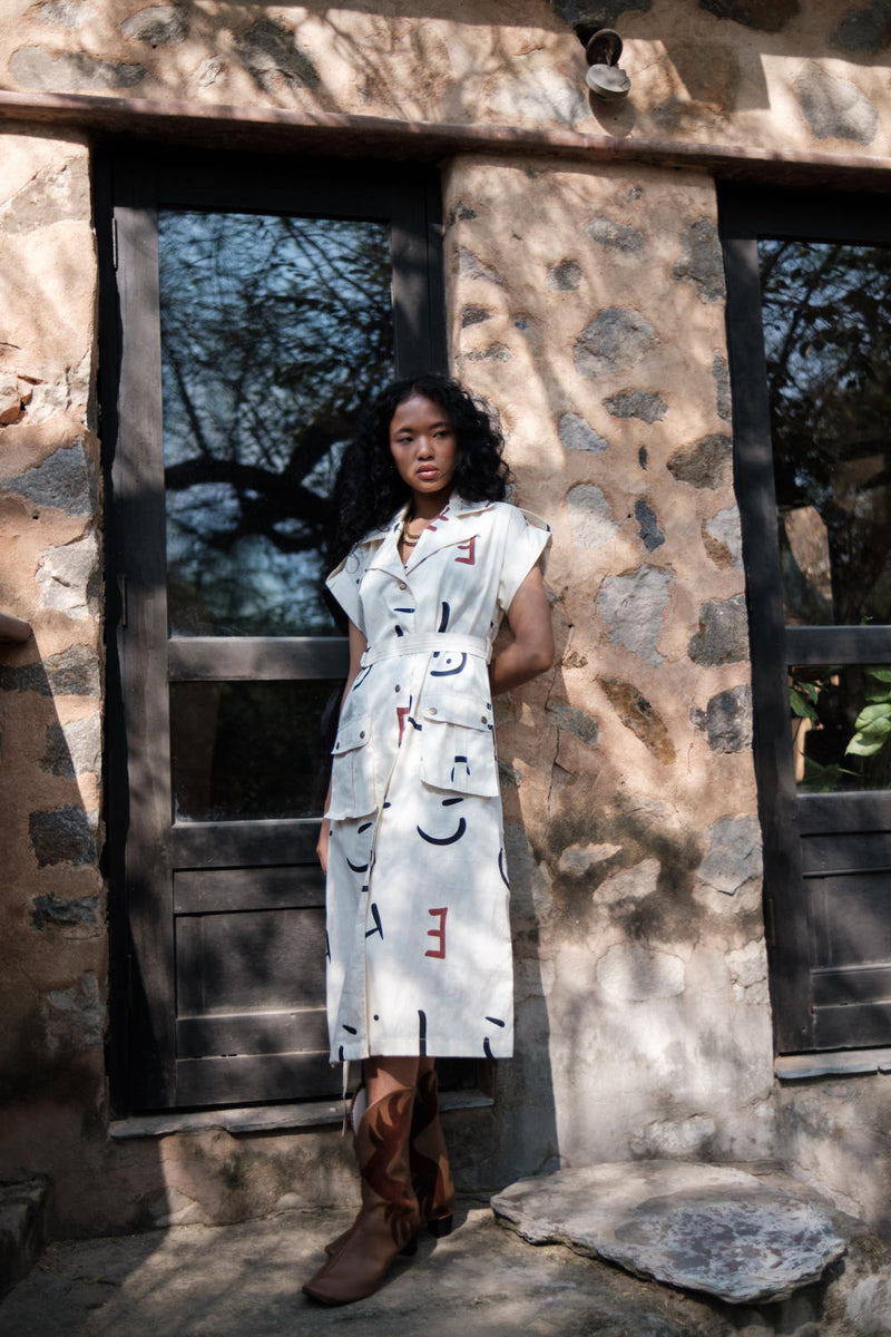 Harajuku Trench-Ecru Line Printed cotton by The Terra Tribe in ecru color for women in Singapore