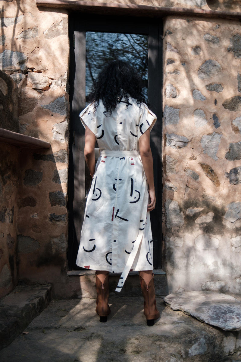 Harajuku Trench-Ecru Line Printed cotton by The Terra Tribe in ecru color for women in Singapore
