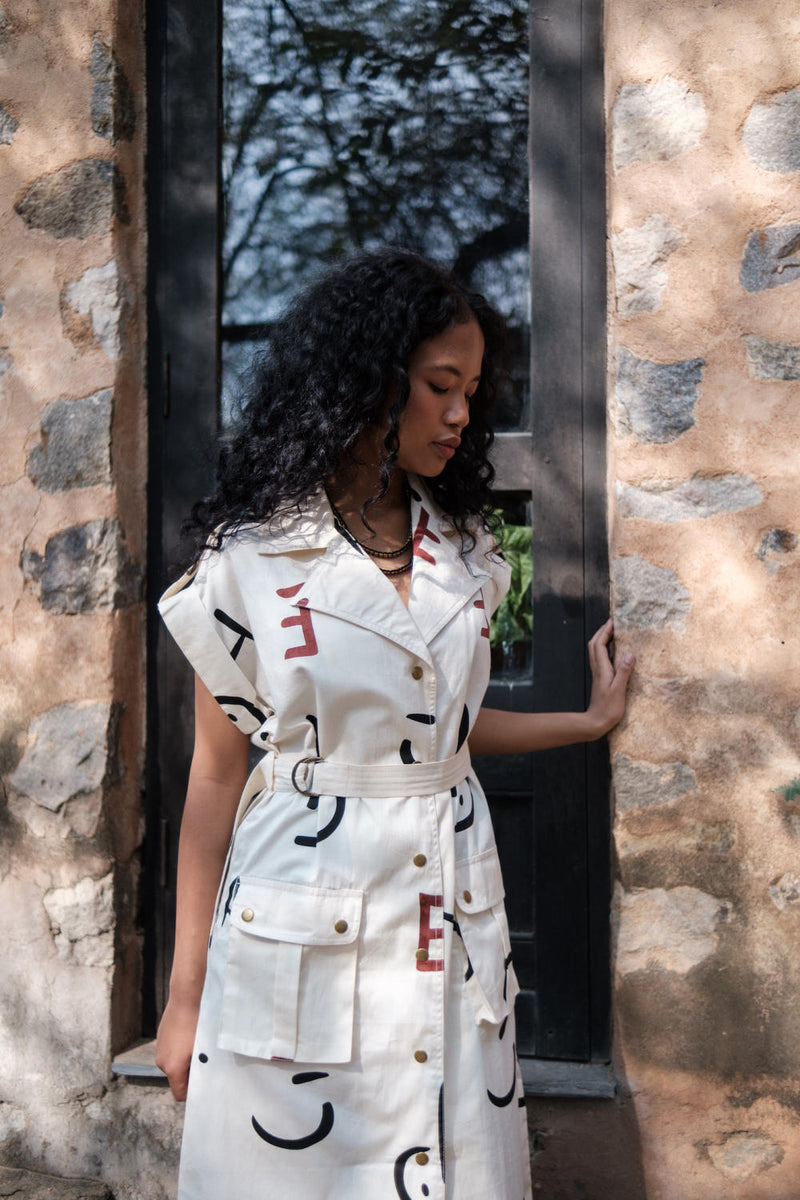 Harajuku Trench-Ecru Line Printed cotton by The Terra Tribe in ecru color for women in Singapore