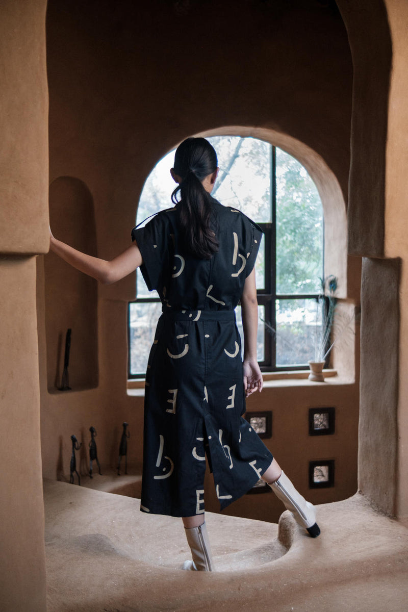 Harajuku Trench-Black Line Printed cotton by The Terra Tribe in black color for women in Singapore