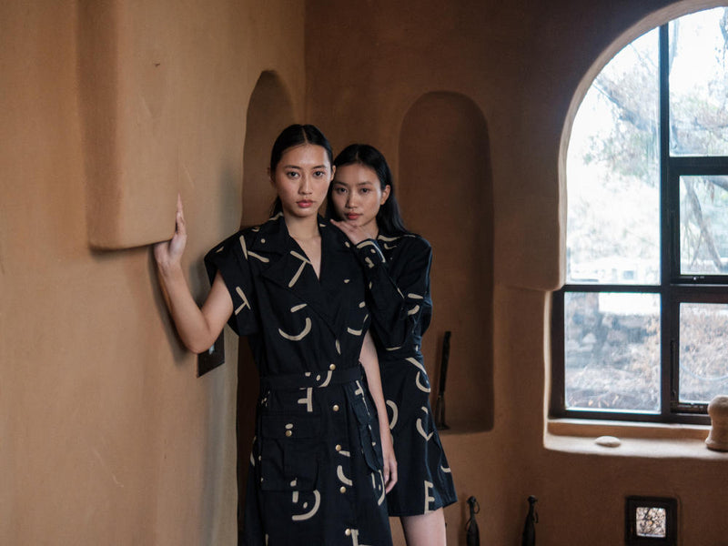 Harajuku Trench-Black Line Printed cotton by The Terra Tribe in black color for women in Singapore