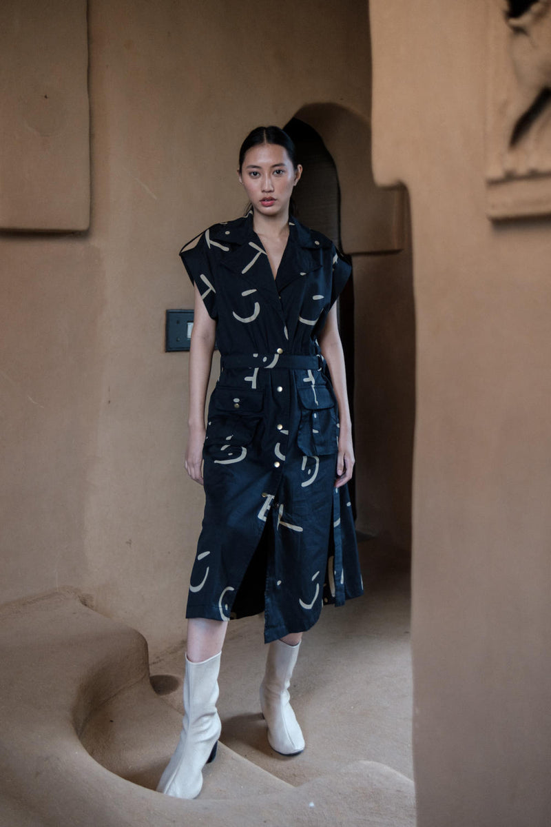 Harajuku Trench-Black Line Printed cotton by The Terra Tribe in black color for women in Singapore