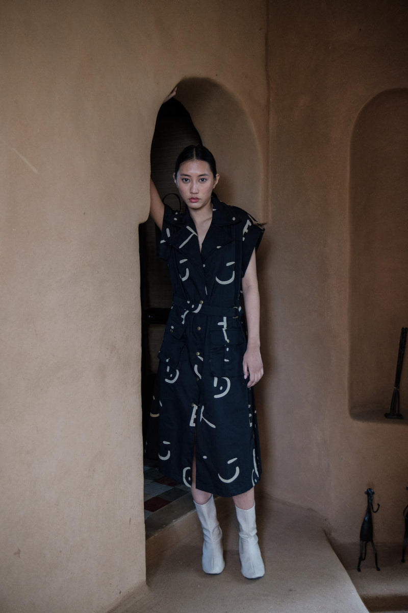 Harajuku Trench-Black Line Printed cotton by The Terra Tribe in black color for women in Singapore