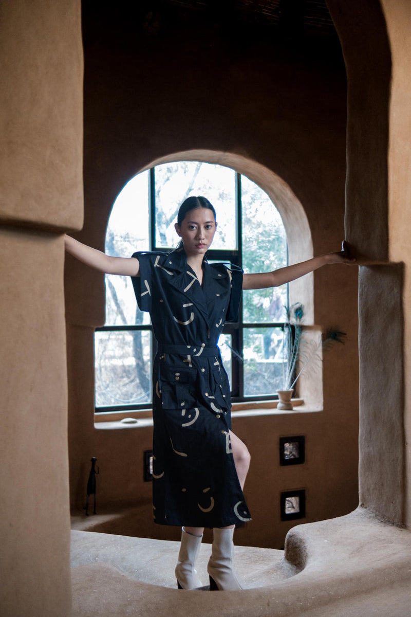 Harajuku Trench-Black Line Printed cotton by The Terra Tribe in black color for women in Singapore