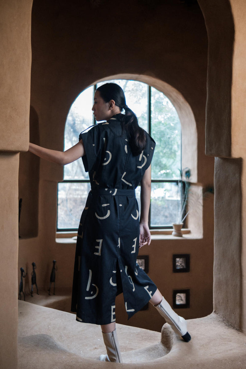 Harajuku Trench-Black Line Printed cotton by The Terra Tribe in black color for women in Singapore