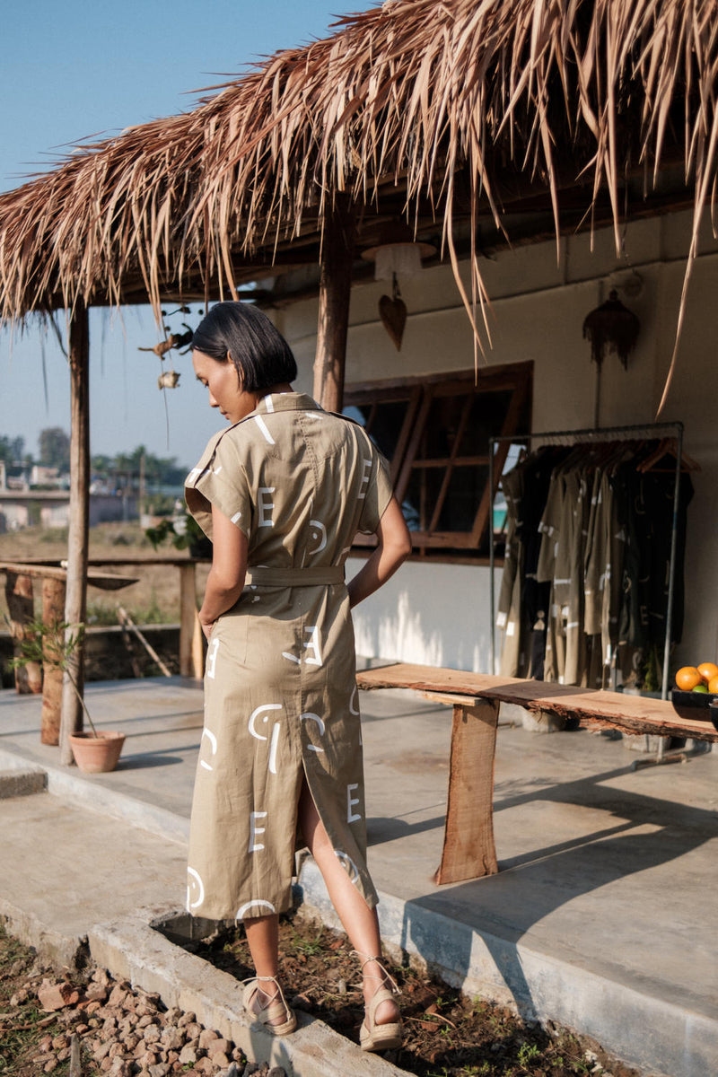 Harajuku Trench-Khaki Line Printed cotton by The Terra Tribe for women in Singapore