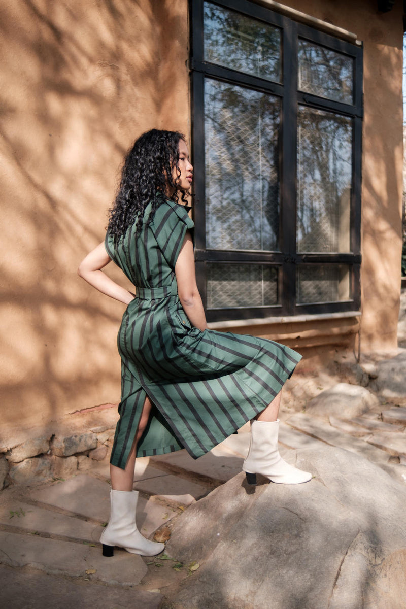Harajuku Trench-Deep Green Stripes cotton by The Terra Tribe in green color for women in Singapore