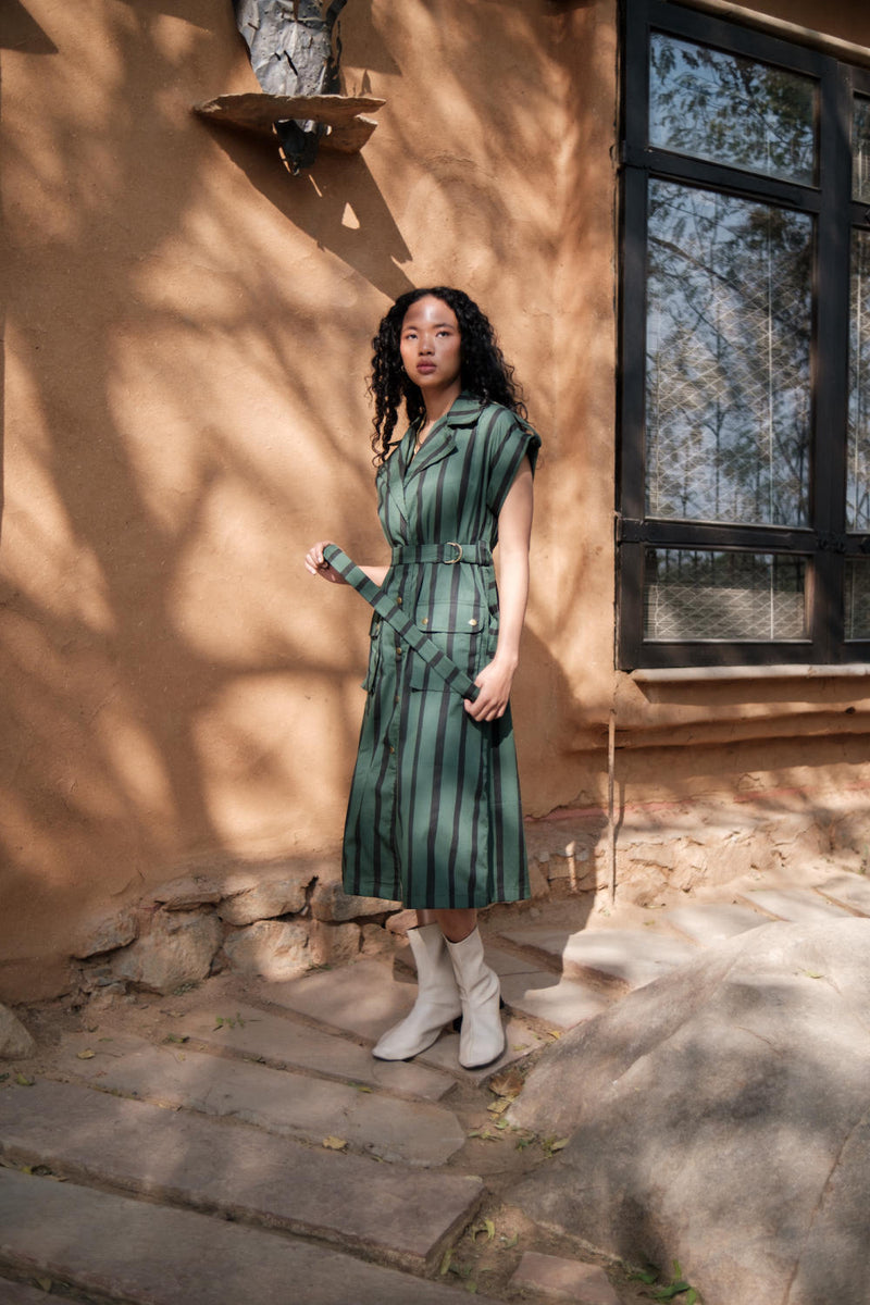 Harajuku Trench-Deep Green Stripes cotton by The Terra Tribe in green color for women in Singapore