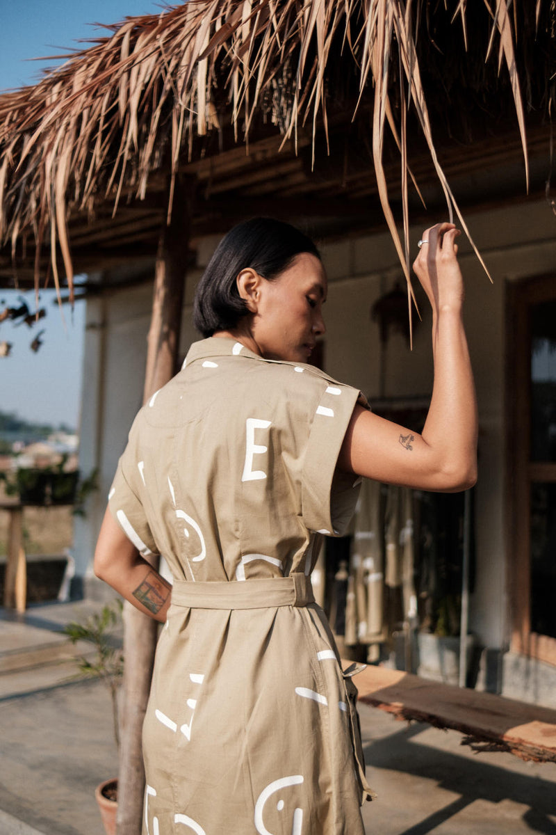Harajuku Trench-Khaki Line Printed cotton by The Terra Tribe for women in Singapore