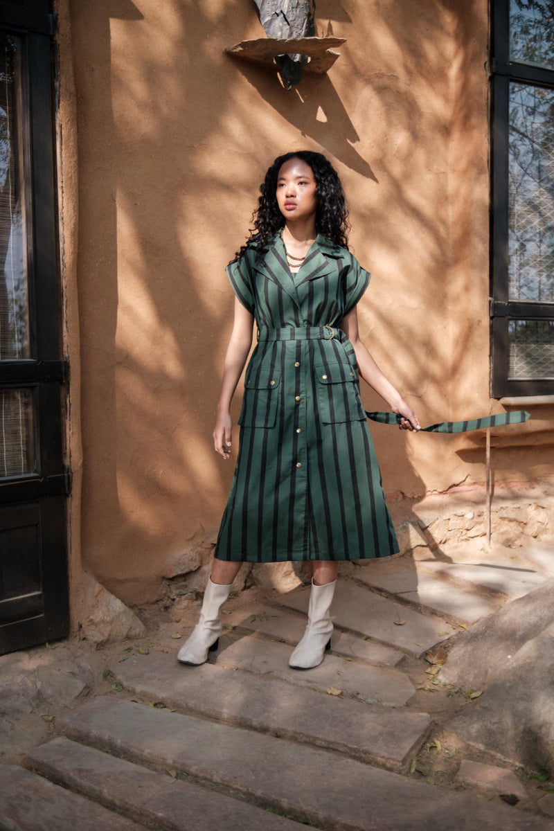 Harajuku Trench-Deep Green Stripes cotton by The Terra Tribe in green color for women in Singapore