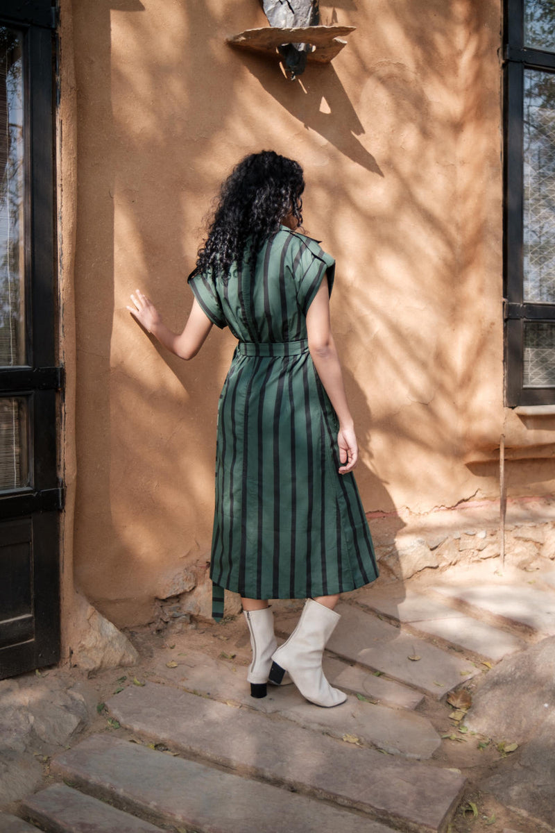 Harajuku Trench-Deep Green Stripes cotton by The Terra Tribe in green color for women in Singapore