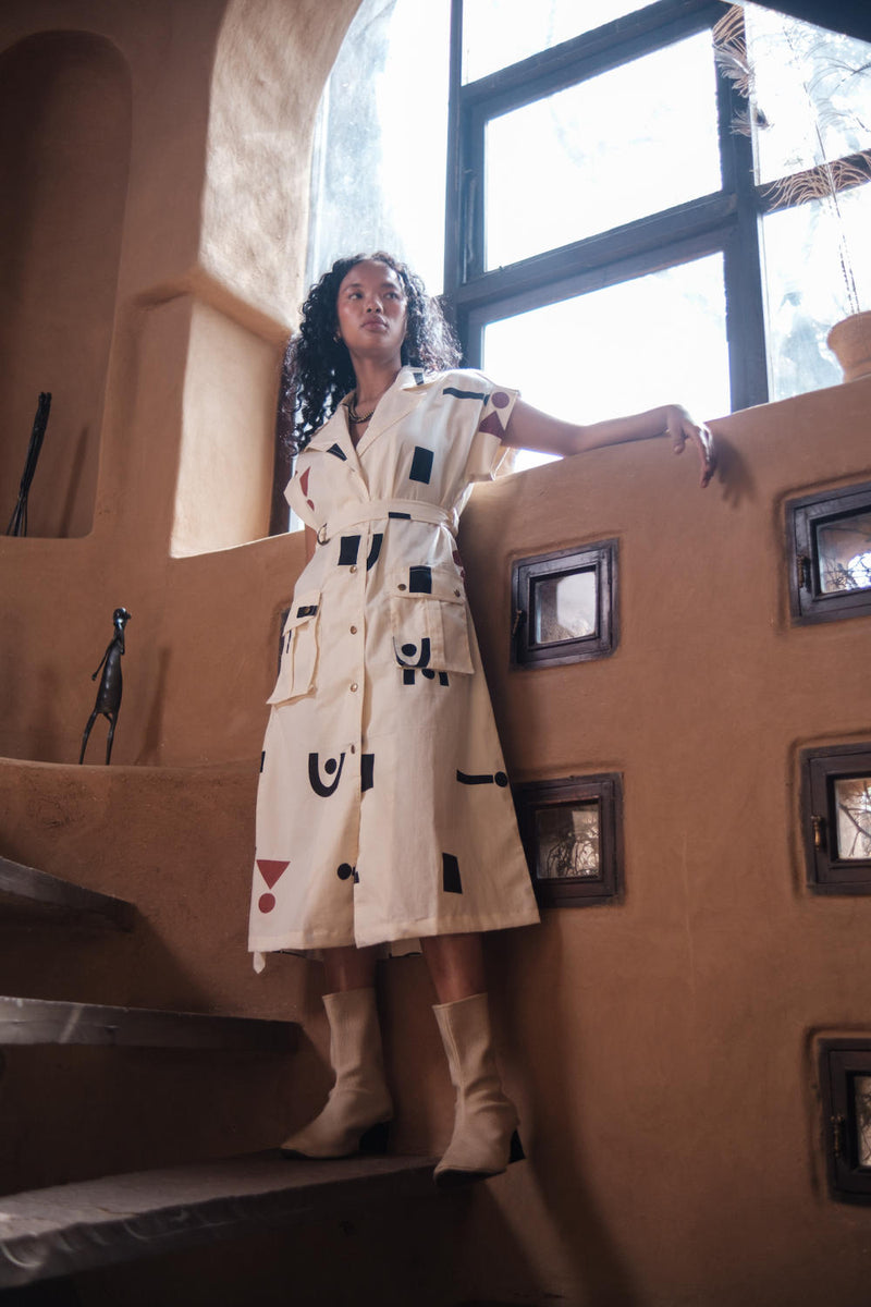 Harajuku Trench-Ecru Triangle Printed cotton by The Terra Tribe in ecru color for women in Singapore