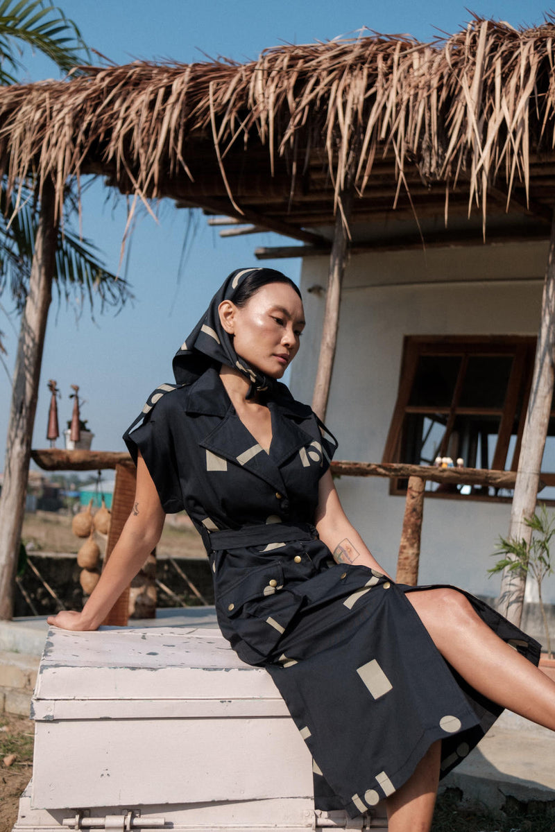 Harajuku Trench-Black Triangle Printed cotton by The Terra Tribe in black color for women in Singapore