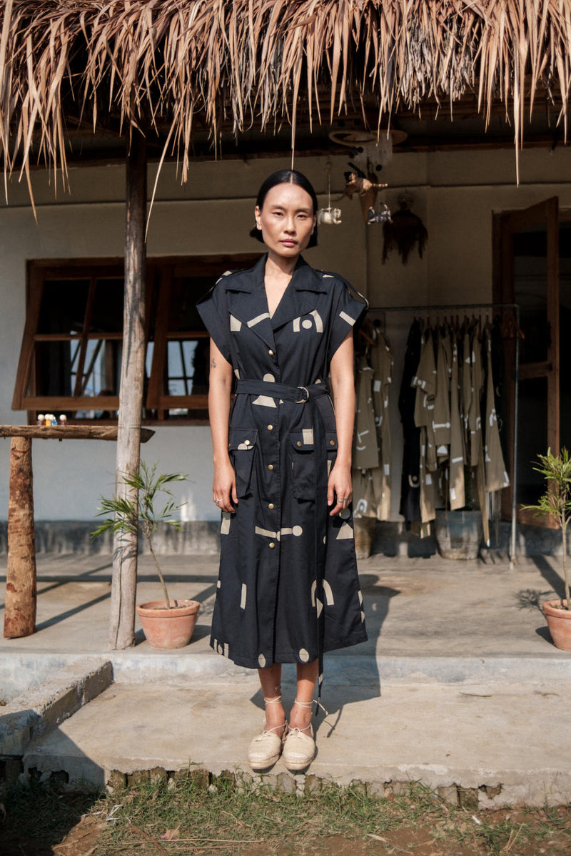 Harajuku Trench-Black Triangle Printed cotton by The Terra Tribe in black color for women in Singapore