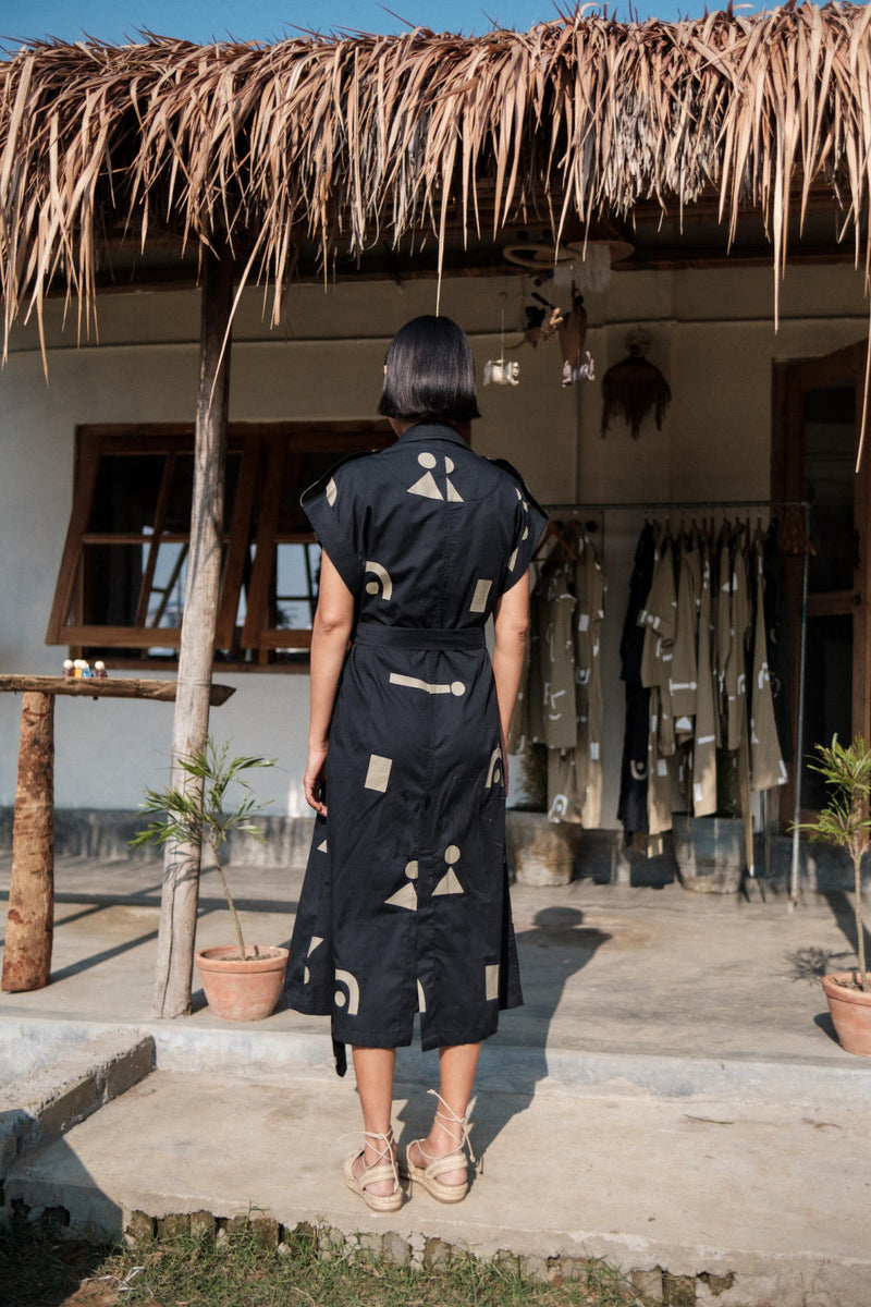 Harajuku Trench-Black Triangle Printed cotton by The Terra Tribe in black color for women in Singapore