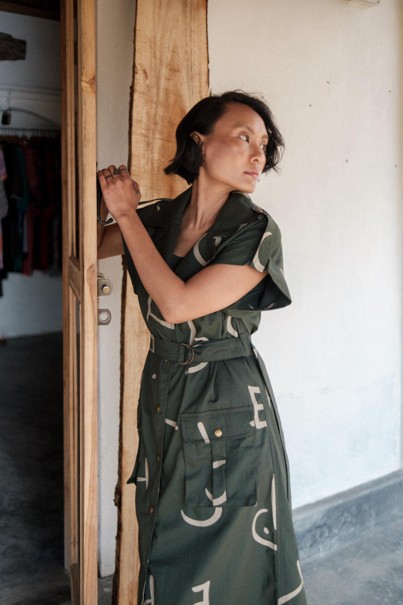 Harajuku Trench-Deep Green Line Printed cotton by The Terra Tribe in green color for women in Singapore