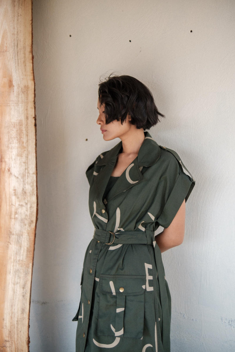 Harajuku Trench-Deep Green Line Printed cotton by The Terra Tribe in green color for women in Singapore