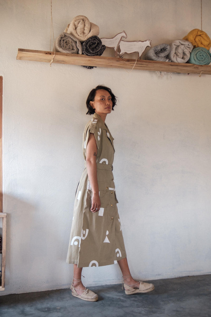 Harajuku Trench-Khaki Triangle Printed cotton by The Terra Tribe for women in Singapore