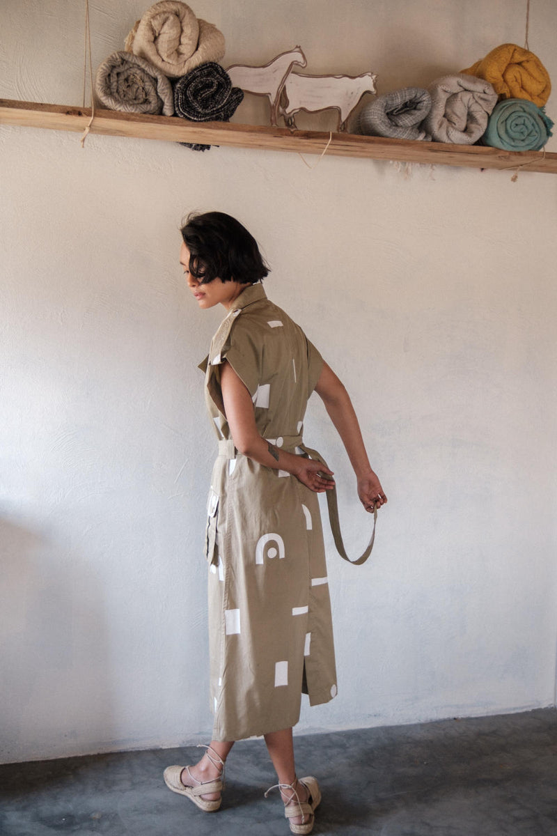 Harajuku Trench-Khaki Triangle Printed cotton by The Terra Tribe for women in Singapore