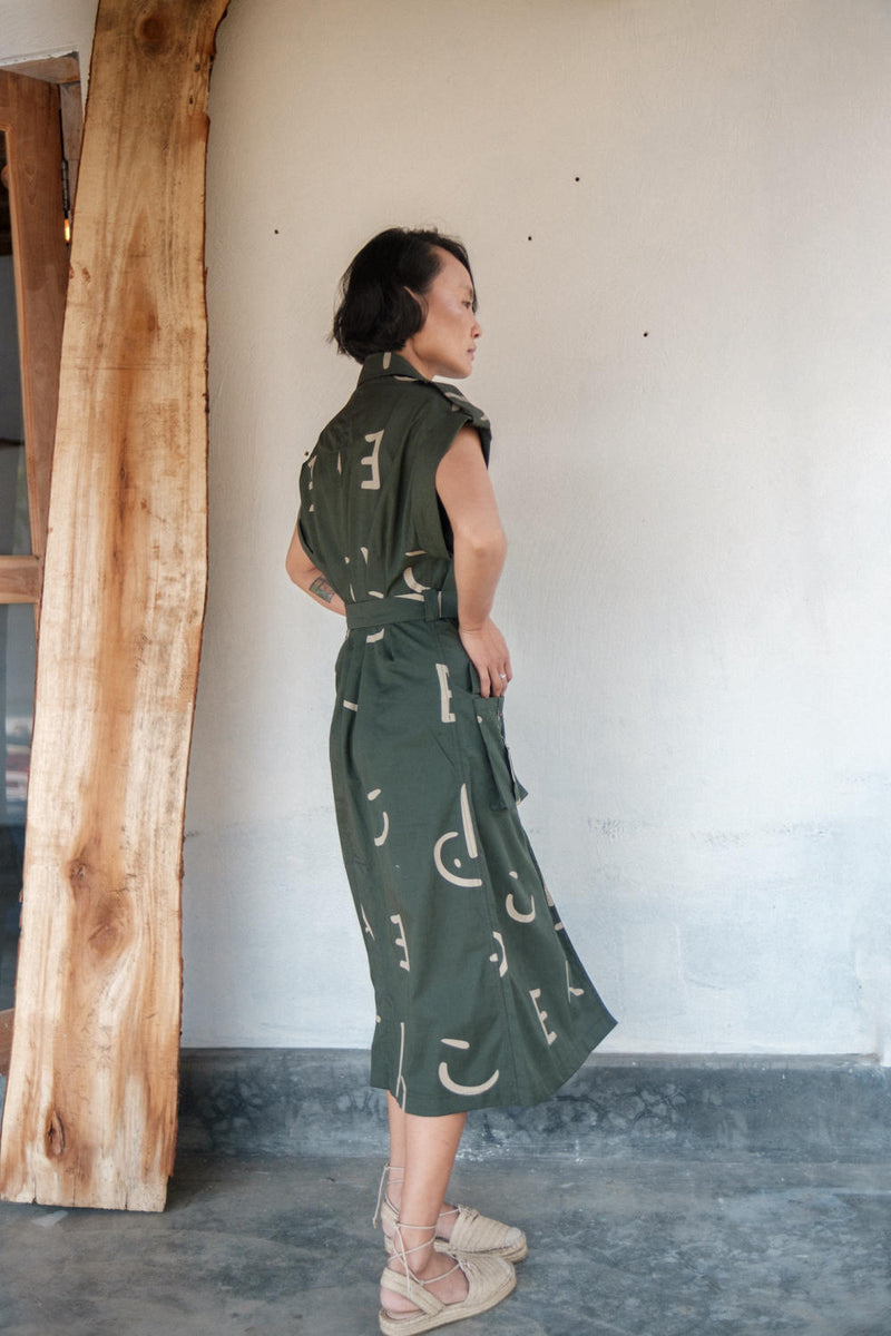Harajuku Trench-Deep Green Line Printed cotton by The Terra Tribe in green color for women in Singapore